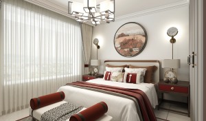 卧室居室内，有着中式婉约的气质，白色沙质窗帘的设计，将采光做的极好，推开窗便是一片宁静的好景致。