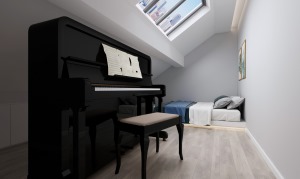 阁楼一角也被利用起来放置钢琴与卧床