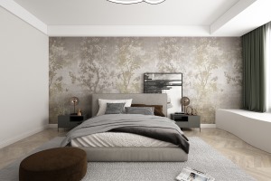 卧室床头壁纸仿佛身处密林，让空间更具想象力；冷淡的色调却表现出了浓厚的氛围，令居者沉入其中，酣然入睡
