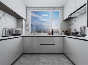 U型厨房动线流畅、收纳充足，白色橱柜搭配黑钛压边线条，酷劲十足又不乏高级感