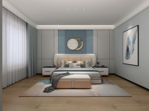 素色元素的搭配，立面层次的运用，加之软装的色彩点缀，提升卧室空间的韵味，营造温暖安逸的休息环境。