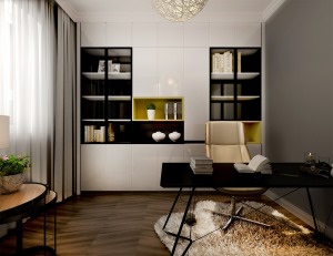 置顶书柜不仅在色彩与材质上有了对比性，而且有露有藏，增加层次感；书房的设计迎合现代风格的简洁气质，让