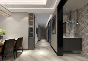卫生间干湿分离的设计方便使用，几何图案瓷砖搭配简约吊灯，带来干练时尚的现代空间感。