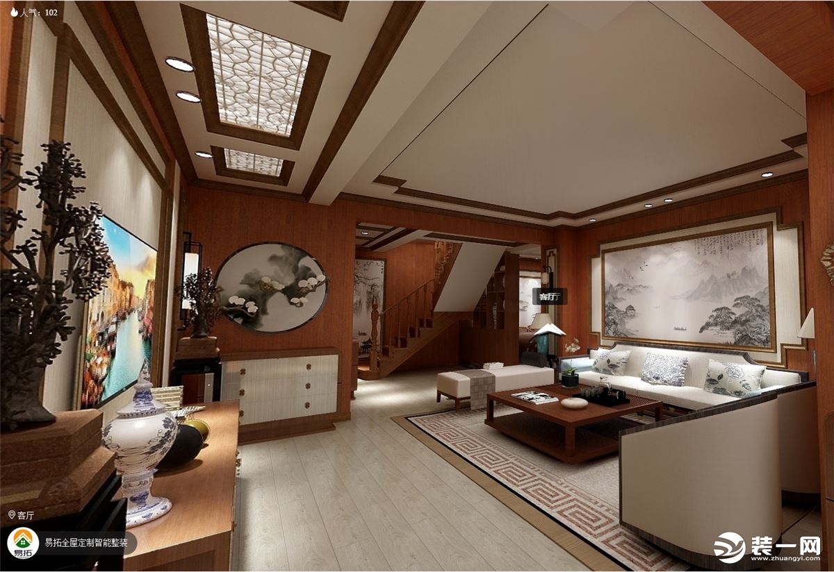 一楼客厅是个新中式的风格设计，运用了集成墙板装墙面，3D沙发背景墙