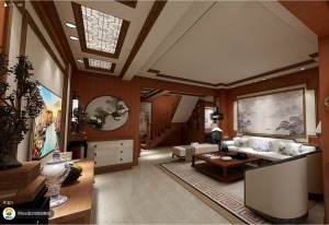 一楼客厅是个新中式的风格设计，运用了集成墙板装墙面，3D沙发背景墙