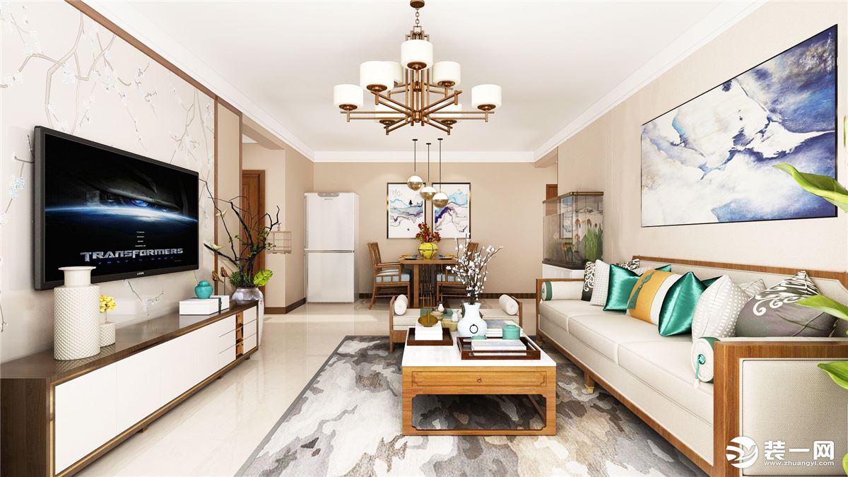 储存空间大，色彩为暖色调，墙面简单，加上现代感的中式沙发