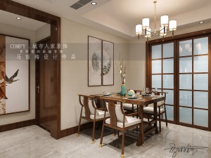 与客厅结合，整个空间动线舒适，加上偏现代的中式家具，使得空间大气确不显沉闷。