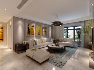 墙面灰色硬包造型是整体现代简约风格的延伸，搭配造型别致的灯饰，明快舒适的家俱。让整个空间充满静雅敞亮