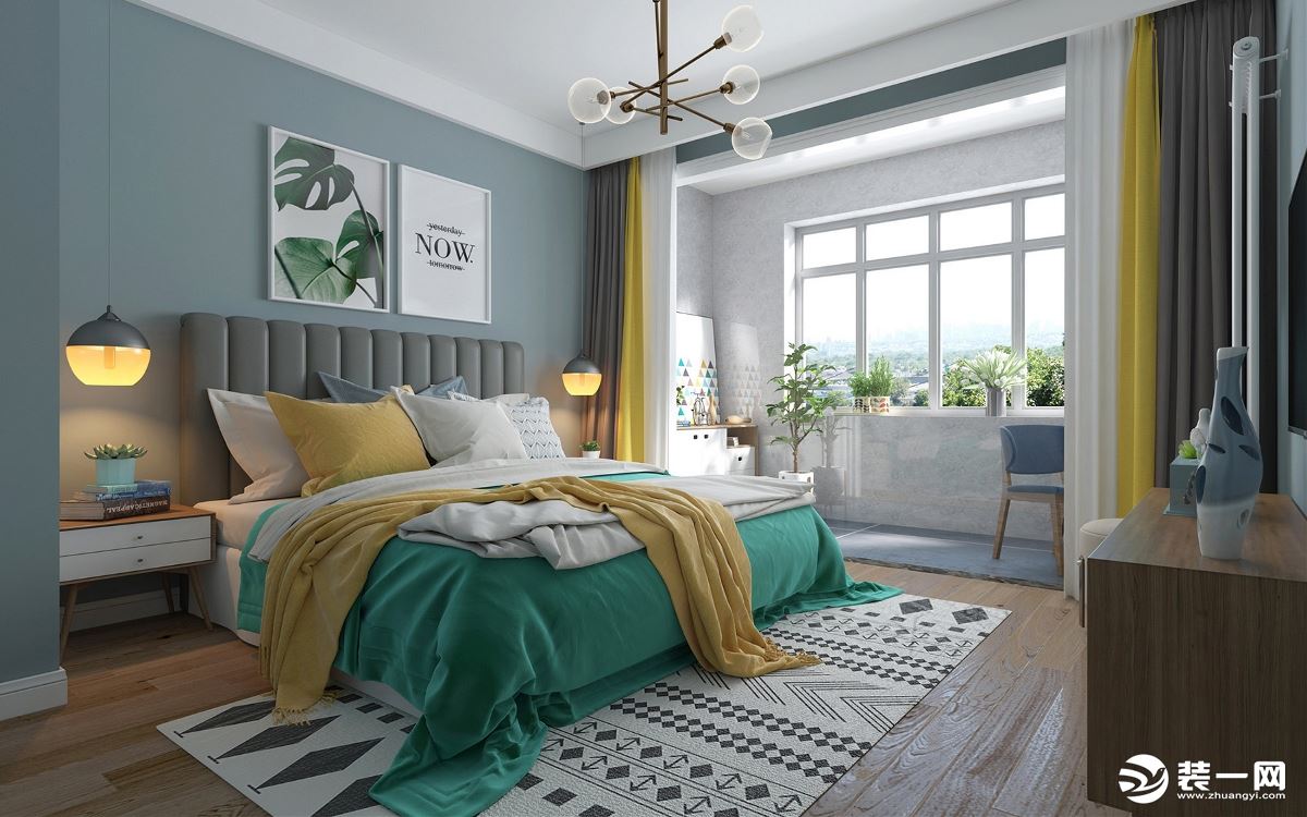 北欧风卧室，色彩以及布品的搭配，协调、对称的技巧，让每一个细节的铺排，都呈现出令人感觉舒适的气氛。
