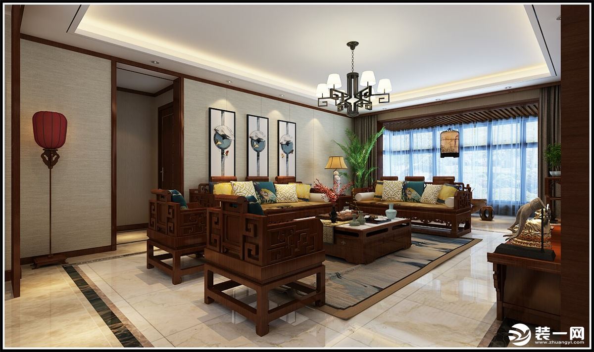 客厅是传统与现代居室风格的碰撞，设计师以现代的装饰手法和家具