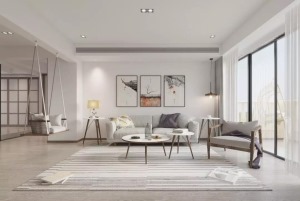 整体暖色为基调，浅灰色棉麻质感的沙发提升空间的气质，与整个空间的原木色搭配，构筑成空间自然质朴的专属