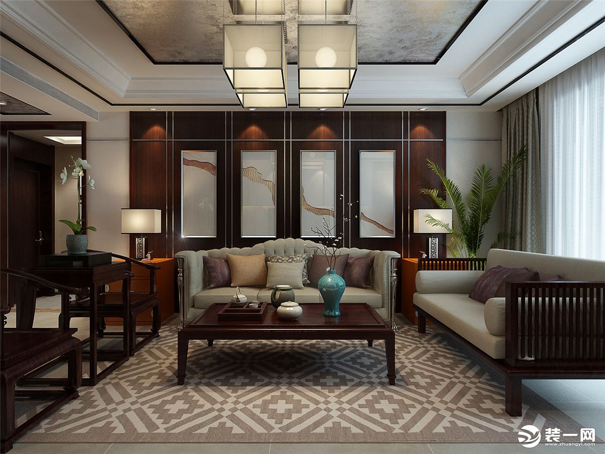 沙发背景墙石家庄镜和设计尚水苑138平三居室中式风格装修设计案例