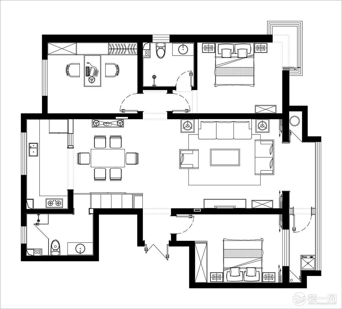 平面图石家庄镜和设计尚水苑138平三居室中式风格装修设计案例