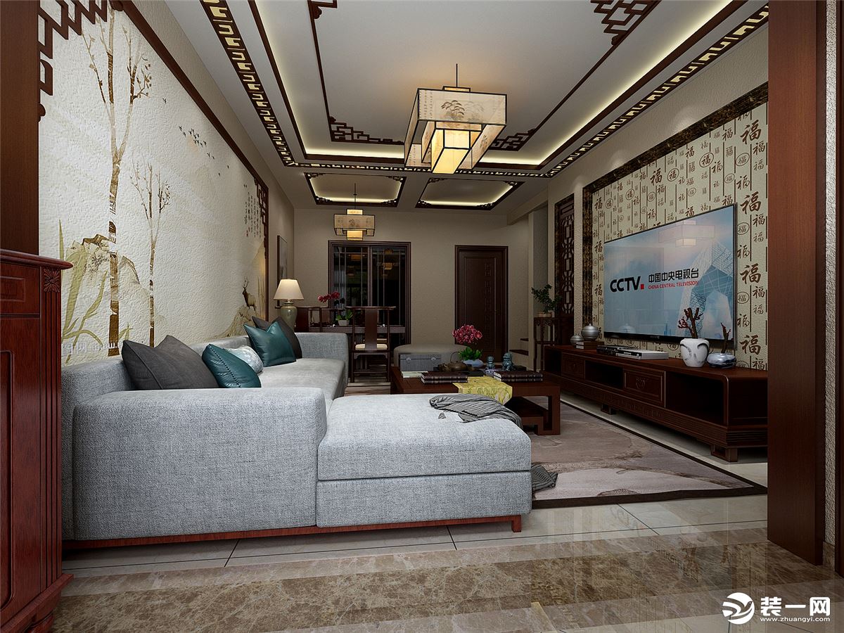 理想澜湾复式150平中式风格，客厅