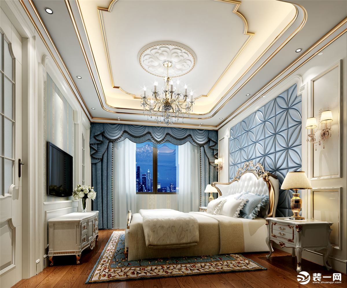 暖色床品引领空间布艺格调，天蓝色的布艺窗帘，带来清新气息，床头柜的精心布置，装扮舒适优雅的生活。