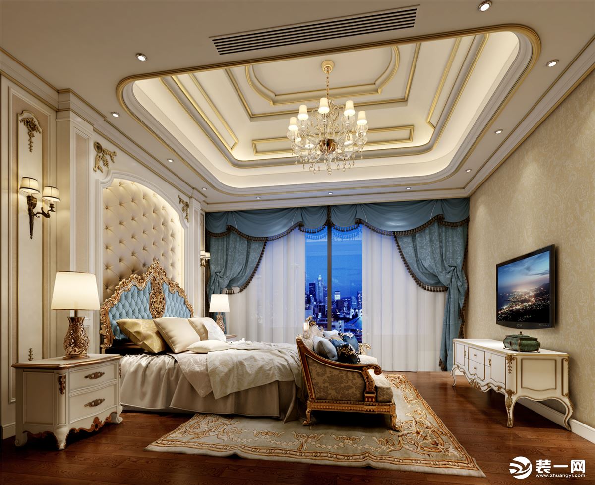 主卧空间温馨高贵，繁花似锦的壁纸，凹凸有致的软包背景，舒服的床，都能带出欧式风格特有的质感。
