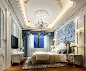 暖色床品引领空间布艺格调，天蓝色的布艺窗帘，带来清新气息，床头柜的精心布置，装扮舒适优雅的生活。