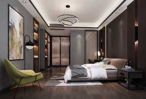 新中式卧室，在空间装饰上大多采用简洁、硬朗的直线条。