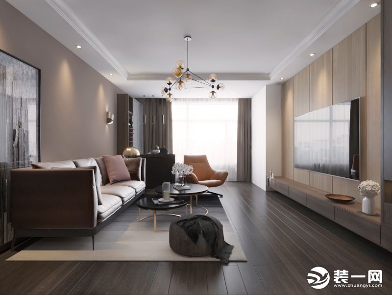 暖调的皮质棕色沙发搭配黄铜茶几，木饰面一眼便能看到的肌理层次感在整个大厅里逐渐推进，丰富了客厅的元素