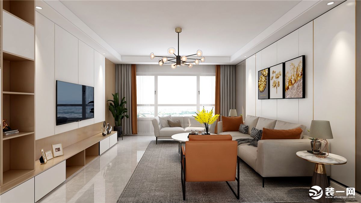 客厅效果图赏析：一进客厅就能感受到空间的层次感，原木色与白色相接的电视背景墙，让人感觉通透，连贯过去