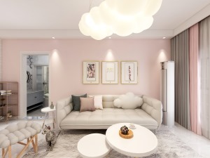 客厅同样以灰色调为主，沙发背景墙用粉色突出功能性。