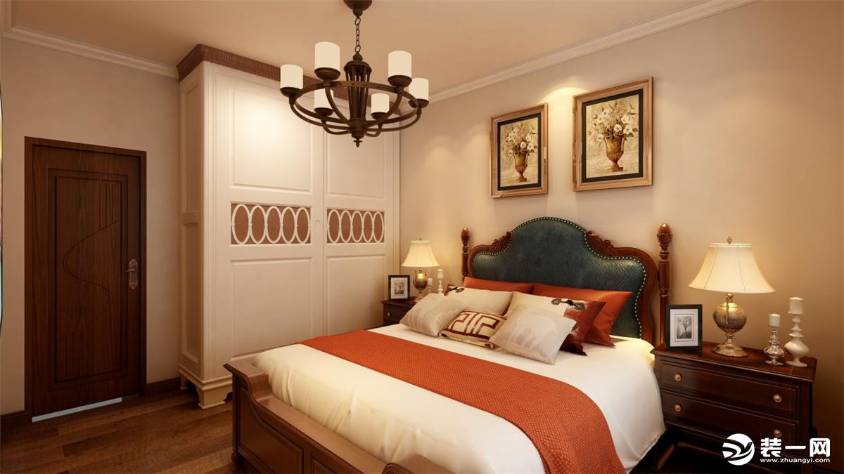 卧室布置较为温馨，作为主人的私密空间，主要以功能性和实用舒适为考虑的重点，卧室设有铁艺顶灯，同时在软
