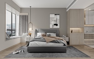 卧室之内，纯净的米白延续着整个空间的素雅，整墙的木色衣柜保证了衣物收纳需求
