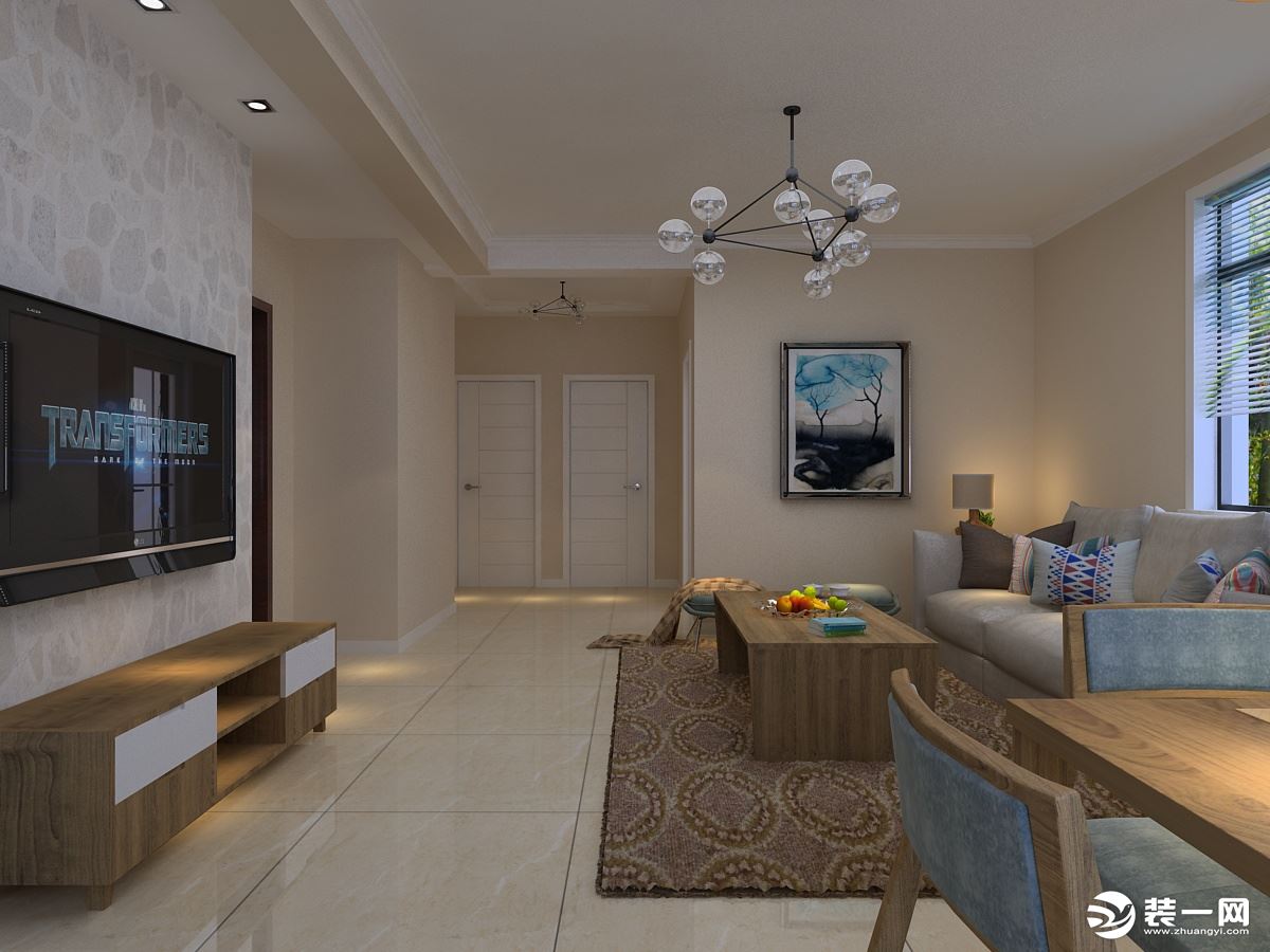 客厅，原木色的家具搭配白色的电视墙，使得空间主次分明