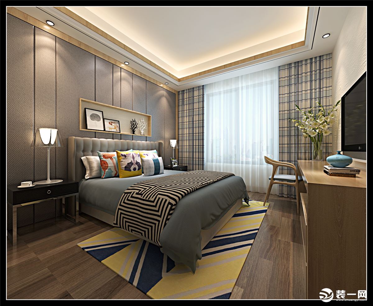 卧室灰色墙面与灰色床被相衬，搭配木质元素让整个空间极享舒适感，整体的软配与色彩相呼应，营造出温馨的氛