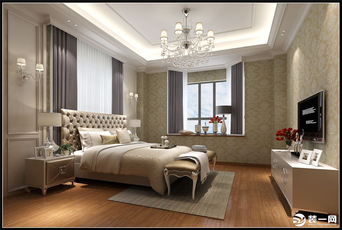 卧室灰色墙面与灰色床被相衬，搭配木质元素让整个空间极享舒适感，整体的软配与色彩相呼应，营造出温馨的氛
