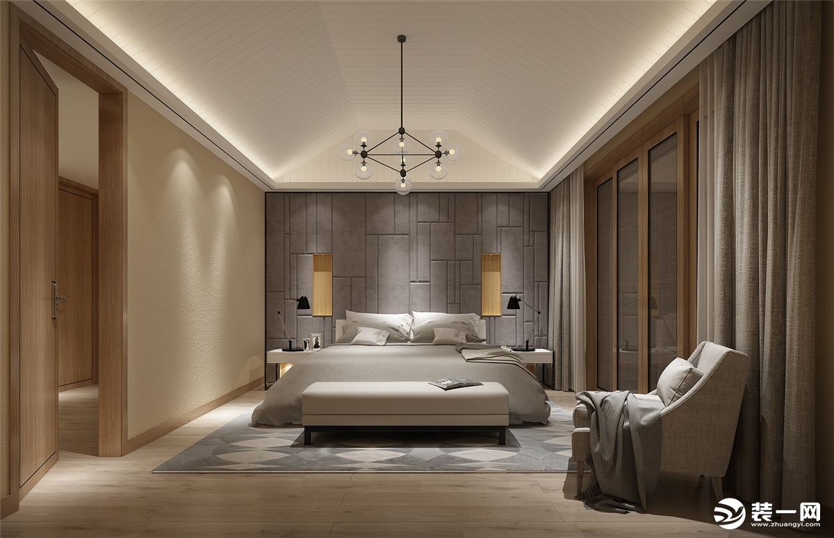 卧室以浅灰色营造安静格调，搭配绿色的床，黑白色被单，简约床边柜，呈现出一个简约舒适的雅致感。床边柜上