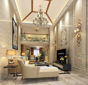 客厅空间， 美式的元素和中式元素的碰撞，贯穿整个空间的白色线条和简约的造型表现出家居的时尚；复古地砖