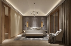 臥室以淺灰色營造安靜格調，搭配綠色的床，黑白色被單，簡約床邊柜，呈現出一個簡約舒適的雅致感。床邊柜上