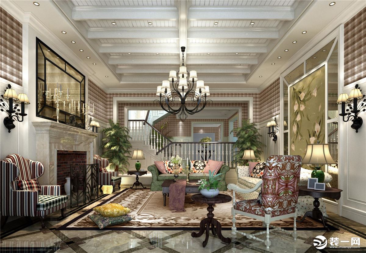 惠州润城装饰兰溪谷600平方美式风格客厅效果图案例
