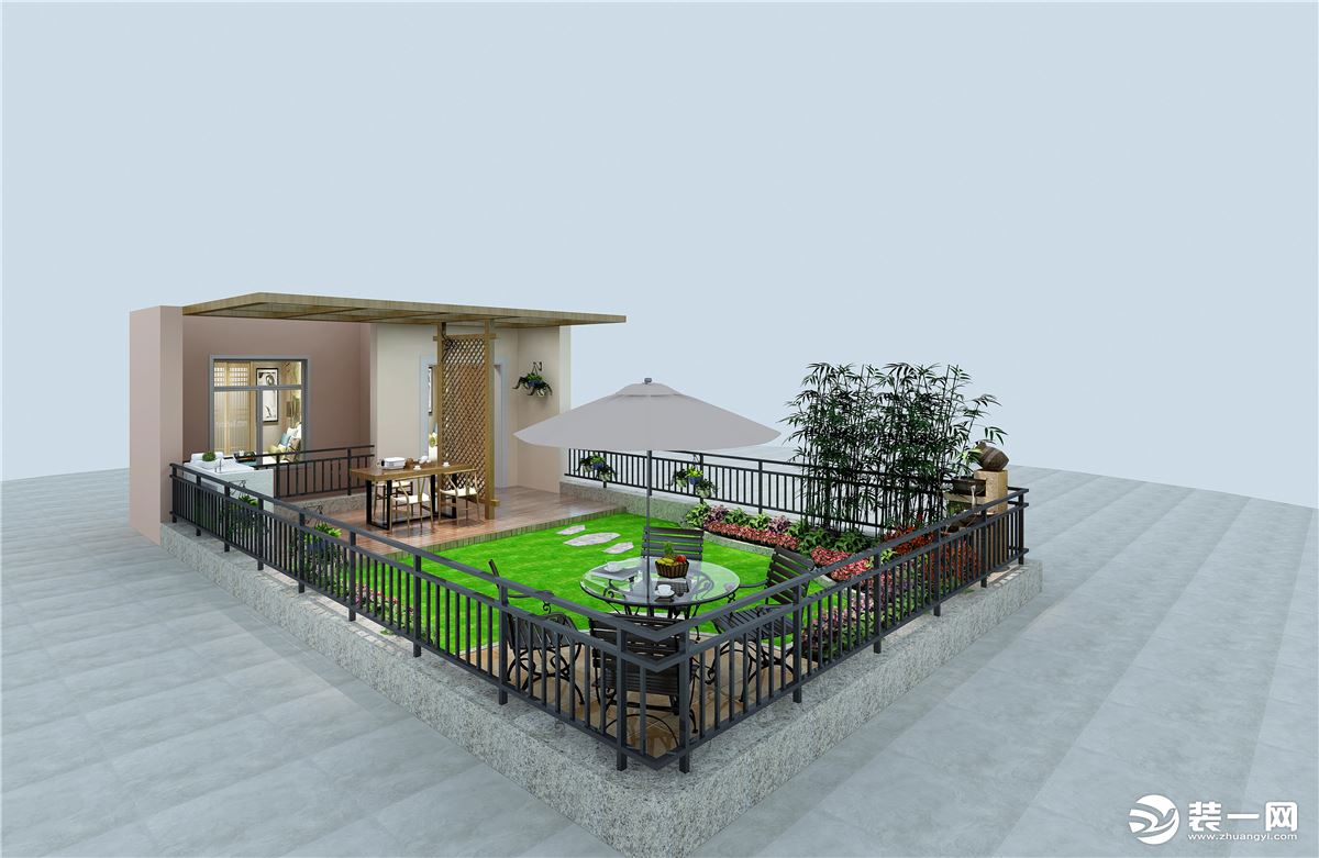 惠州润城装饰五矿哈施塔特250平方新中式风格前花园效果图案例