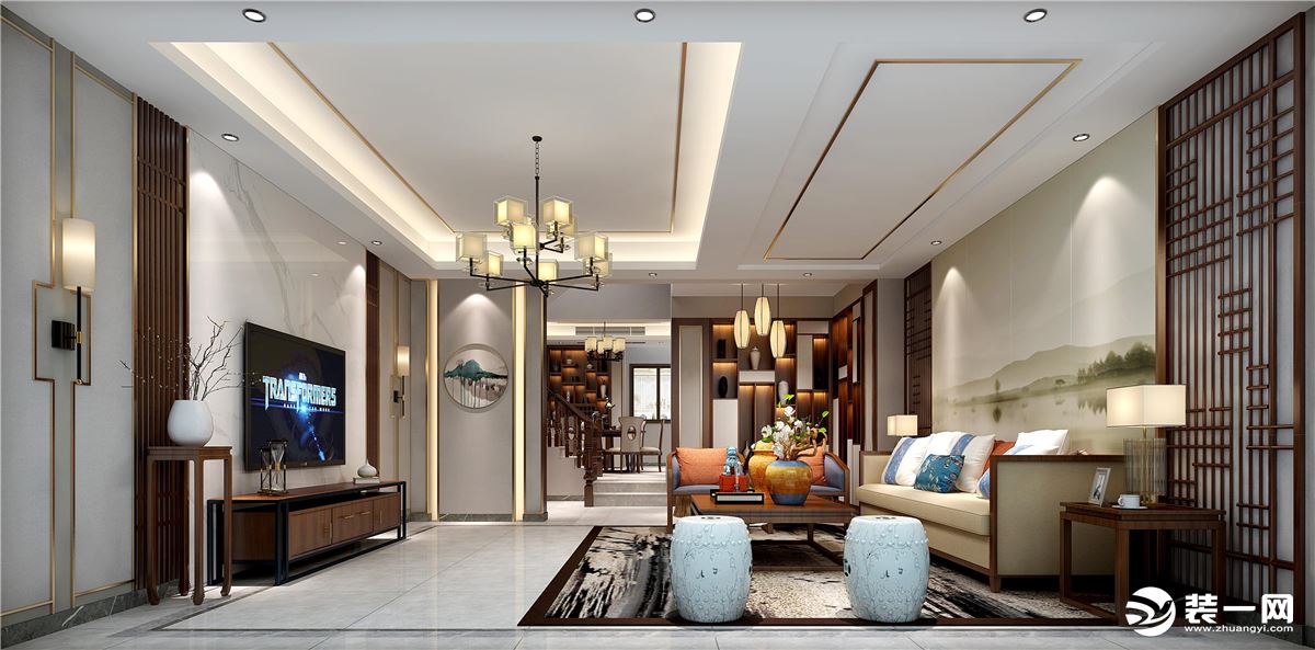 惠州润城装饰五矿哈施塔特250平方新中式风格客厅效果图案例