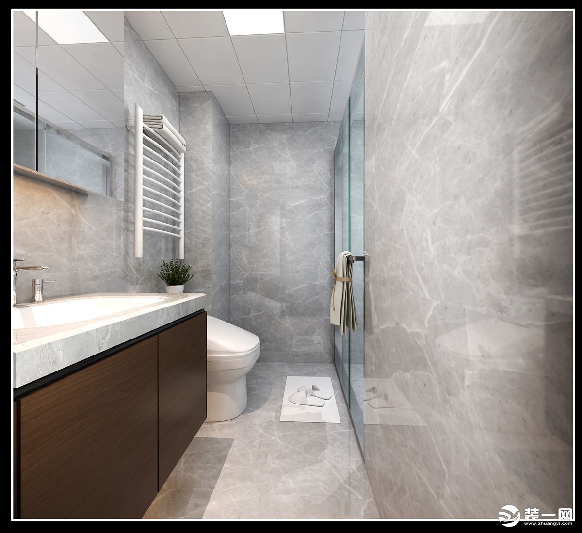 通铺的白色大理石瓷砖，让卫生间更显简约风范。一面圆形镜子还做了藏光的