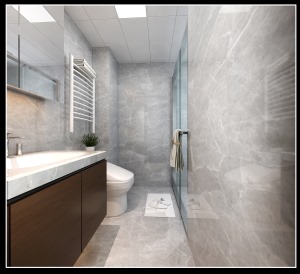 通铺的白色大理石瓷砖，让卫生间更显简约风范。一面圆形镜子还做了藏光的