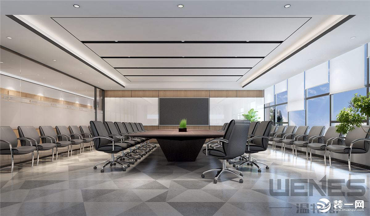 会议室深素色木纹以及玻璃的应用，使空间干净利落、简练，让空间在满足通透与遮蔽功能的同时给人以柔软亲和