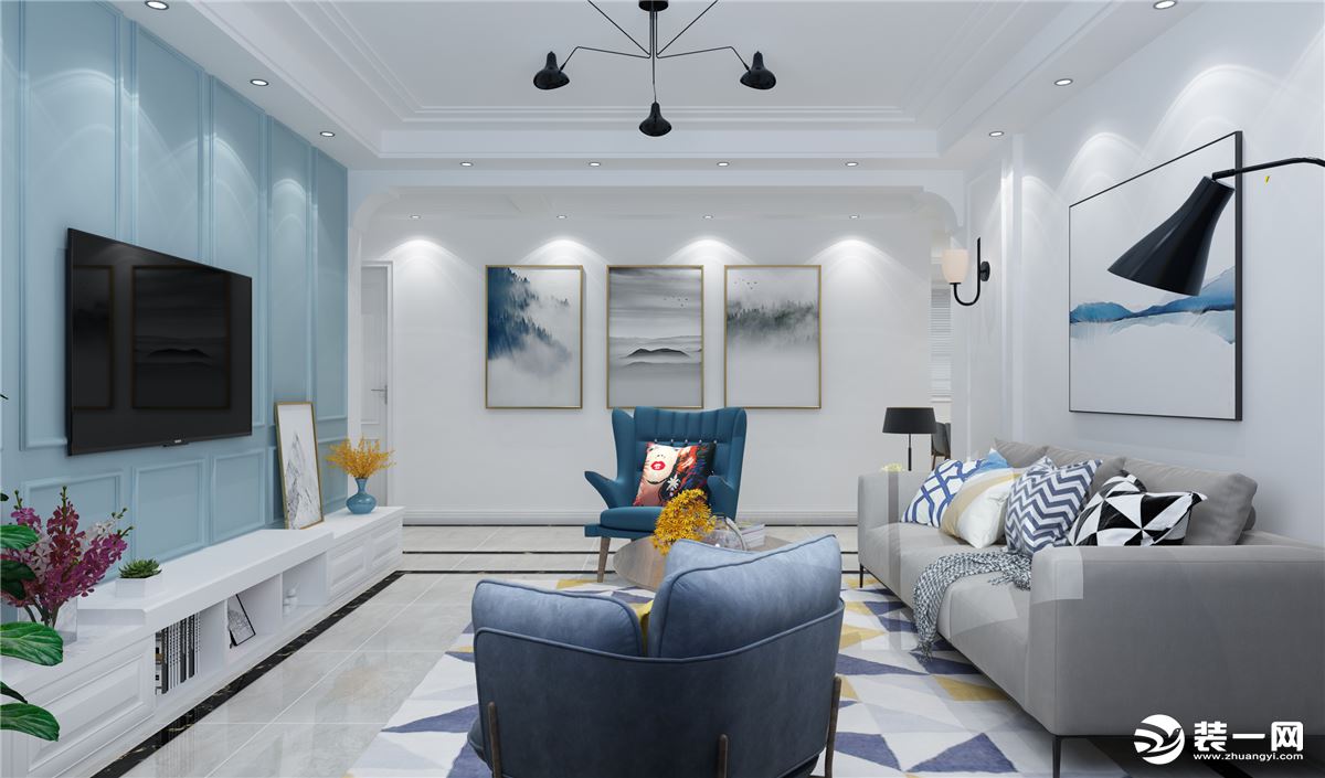 客厅效果图，所以设计师采用极简白铺面，天空蓝挑色，极大塑造了简约、清新的设计氛围