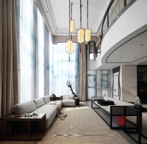 客厅空间，以城市印象为主要延伸线索。挑高的空间，似墨线一般的黑色线条，让客厅更加有延伸感。
