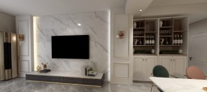 电视背景采用瓷砖做造型，看上去更高端，并且容易搞卫生