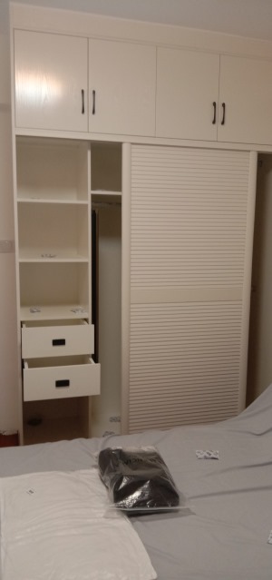 臥室做了一個實木免漆板的衣柜，功能齊全，使用方便