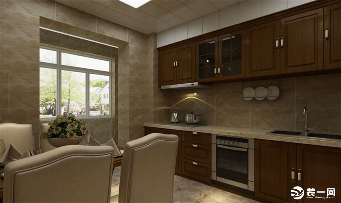 厨房选用深色3D平板模压橱柜，整体空间变的高档，结合墙砖的搭配，让整个空间变得奢华，庄重。