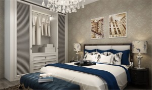 卧室选择咖色壁纸，配合蓝色的床单，简单的石膏线让整个空间的颜色均衡。 