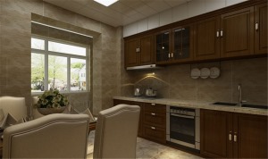 厨房选用深色3D平板模压橱柜，整体空间变的高档，结合墙砖的搭配，让整个空间变得奢华，庄重。