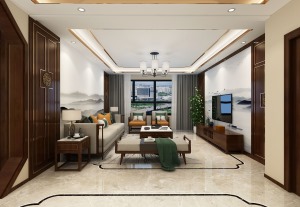 赤峰比屋装饰清华园110平米新中式风格装修效果图客厅