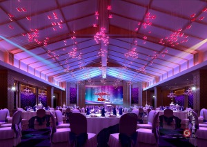 设计师通过图形、色彩、花艺、灯光等诸多设计元素的结合，将婚礼酒店设计保持着稳定创新的特征，形式、造型
