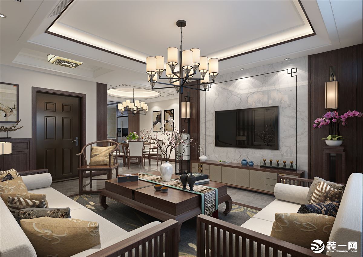悦龙湾140平三居室中式风格，客厅效果图展示