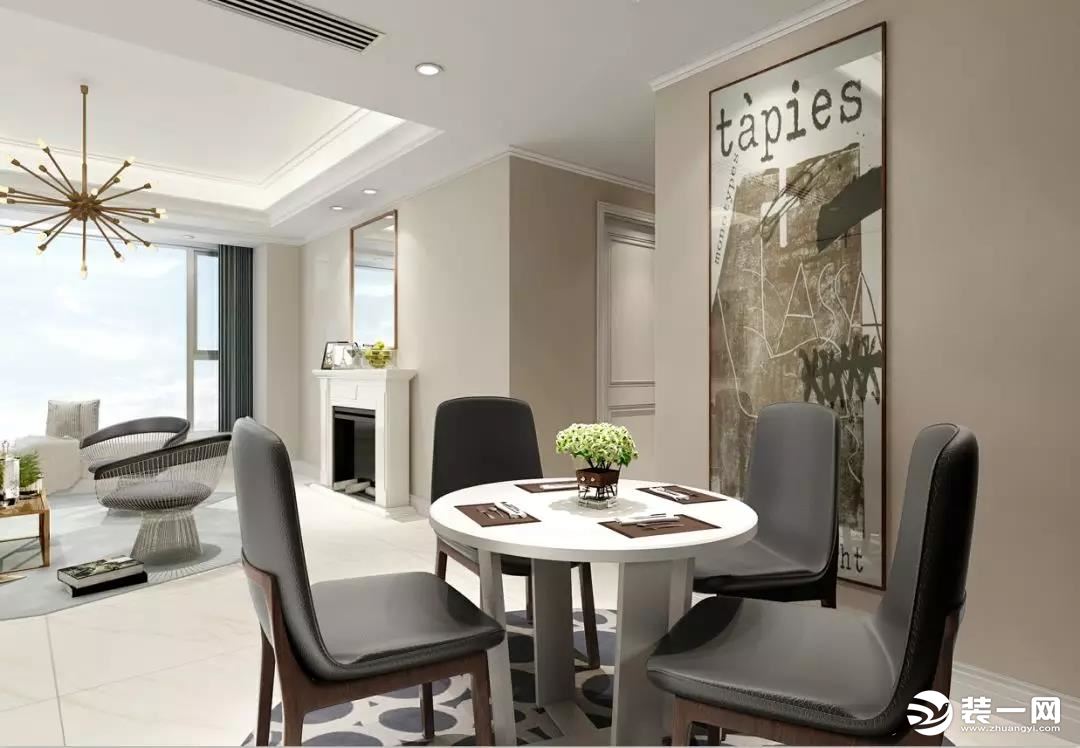 餐厅和客厅相通，形成一个开阔的视觉空间。白色圆形餐桌搭配灰色定制餐椅，通过色彩及饰物的搭配，纯色背景
